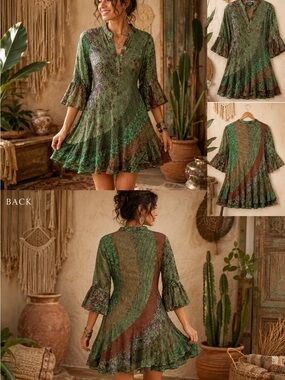 Young Threads Green Floral Boho Tiered V-Neck Mini Dress